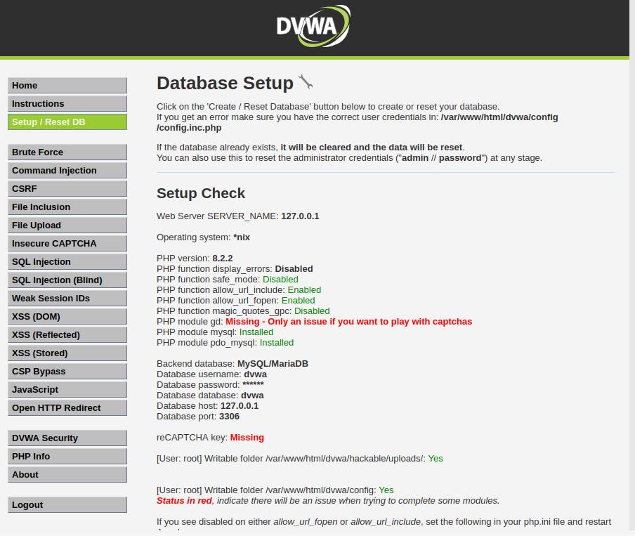 DVWA Dashboard